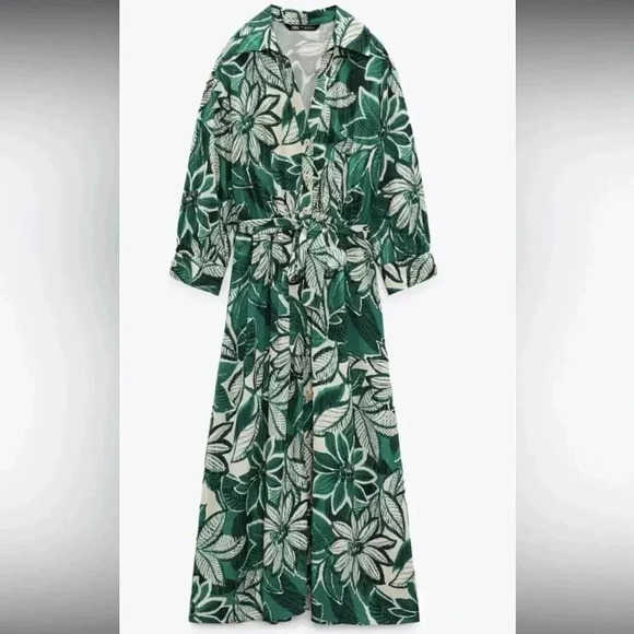 ZARA GREEN PRINTED SHIRT DRESS- XS - Picture 4 of 14